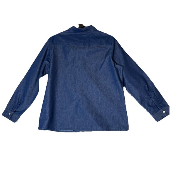 Blair Large Blue Denim Embroidered Button‎ Top Cardinals Birds Pockets Roll Tab - Picture 2 of 9